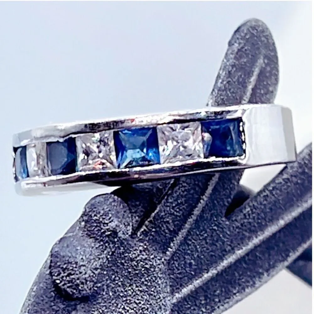 Blue Sapphire and rhinestone silver plated ring size 6:25